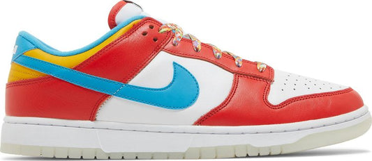 נעלי סניקרס LeBron James x Fruity Pebbles x Dunk Low של המותג נייקי בצבע אָדוֹם עשויות עוֹר