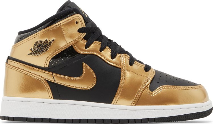 נעלי סניקרס Air Jordan 1 Mid SE GS 'Metallic Gold Black' של המותג נייקי בצבע שָׁחוֹר עשויות עוֹר