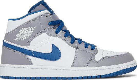 נעלי סניקרס Air Jordan 1 Mid 'Cement True Blue' של המותג נייקי בצבע אפור עשויות עוֹר