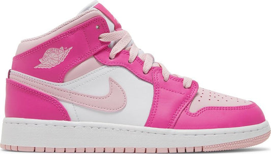 נעלי סניקרס Air Jordan 1 Mid GS 'Fierce Pink' של המותג נייקי בצבע וָרוֹד עשויות עוֹר