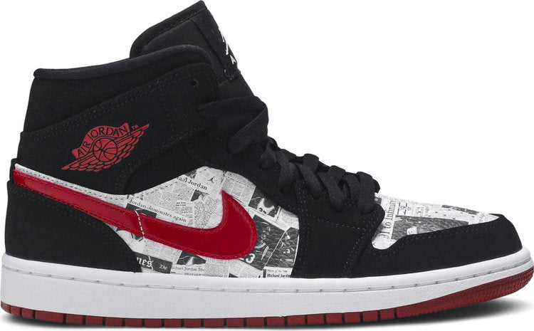 נעלי סניקרס Air Jordan 1 Mid SE 'Newspaper Air Times' של המותג נייקי בצבע שָׁחוֹר עשויות עוֹר