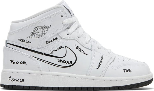 נעלי סניקרס Air Jordan 1 Mid GS 'Schematic' של המותג נייקי בצבע לבן עשויות עוֹר