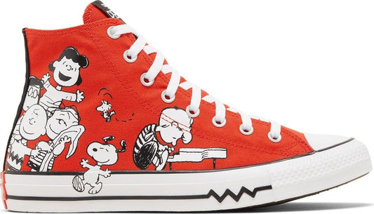 נעלי סניקרס Peanuts x Chuck Taylor All Star High 'Snoopy and Friends' של המותג קונברס אולסטאר בצבע אָדוֹם עשויות בַּד