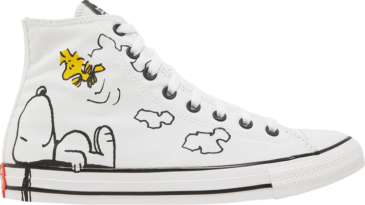 נעלי סניקרס Peanuts x Chuck Taylor All Star High 'Snoopy and Woodstock' של המותג קונברס אולסטאר בצבע לבן עשויות בַּד